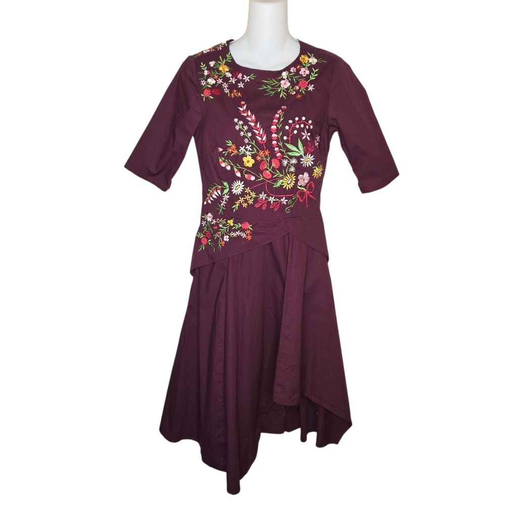 Wayward Fancies eShakti Embroidered Floral Tiered Layered Knee-Length Dress Sm